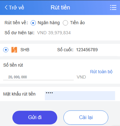 Xác nhận rút tiền tại VZ99